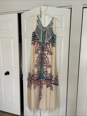 Cream Sleeveless Maxi Dress with Teal, Purple & Magenta Print